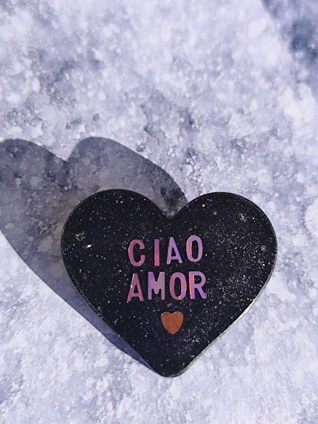 Broche cœur à paillettes - message : CIAO AMOR