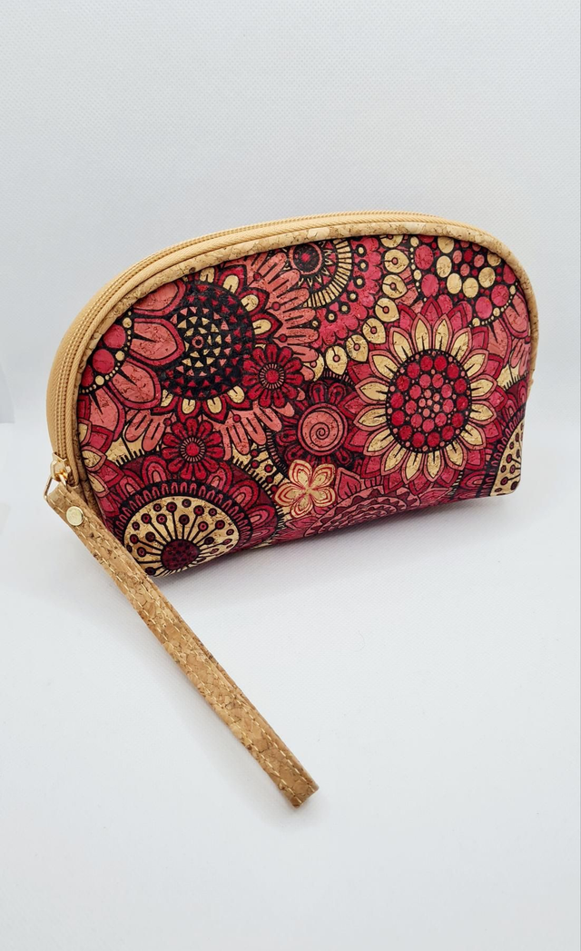Trousse de maquillage/toilette arrondie en liège imprimé "mandala" tons rouges