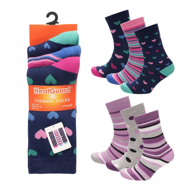 Ladies 3 Pack Patterned Thermal Socks - Hearts - Stripes - Spots only £4.50 a pack