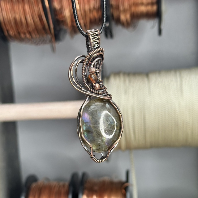 Purple labradorite pure copper wrapped pendant 
