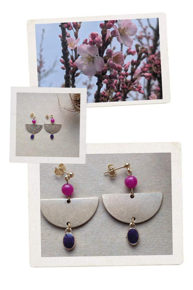 Boucles "Egypte" agate rose et email violet, acier inoxydable doré -sans nickel, pièce unique 