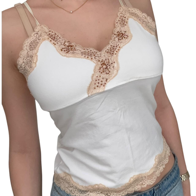 y2k abercrombie and fitch white and tan beaded cami 