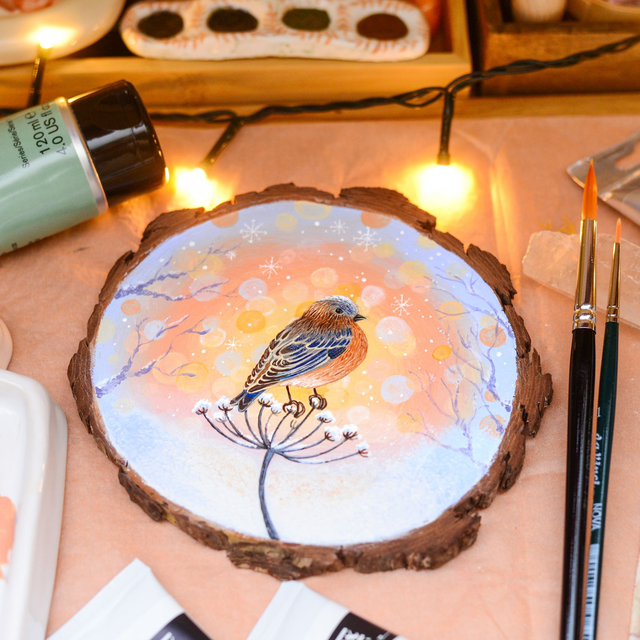 "Frosty Morning & Festive Chirping" acrylic painting on wood