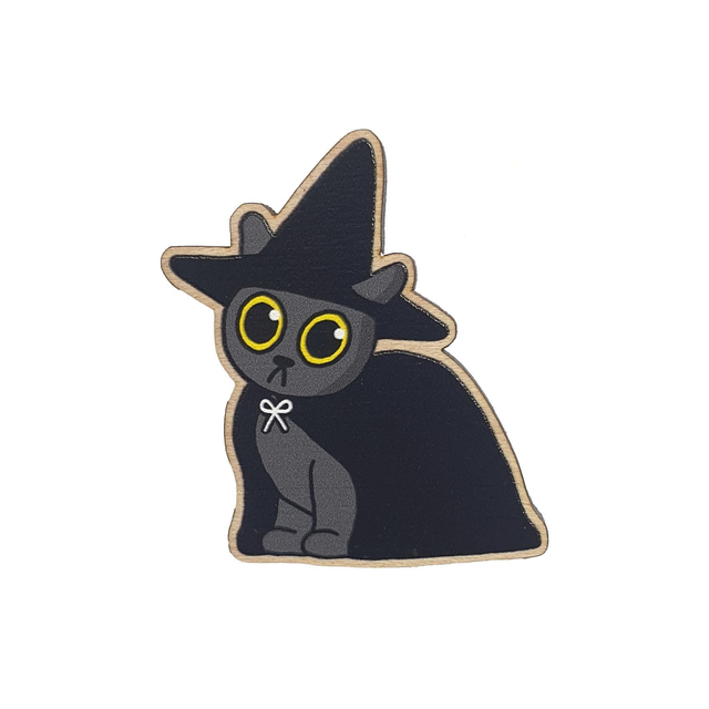 Witch Cat Wooden Pin Badge