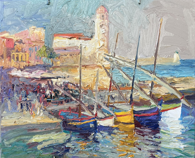 „Segel in der Goldenen Stunde – Collioure, Frankreich“ Öl auf Leinwand, 60 × 73 cm