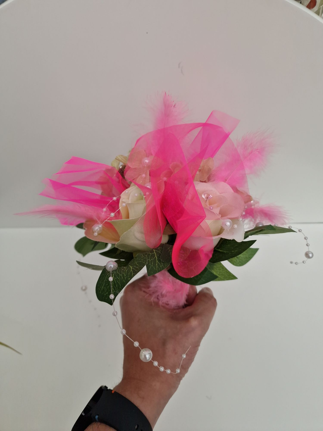 Bouquet De Mariée Roses Tulle Perles Plumes Dentelle