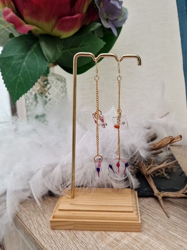 Boucles D&#039;oreilles Acier Doré Résine Fleurs Séchées Multicolore