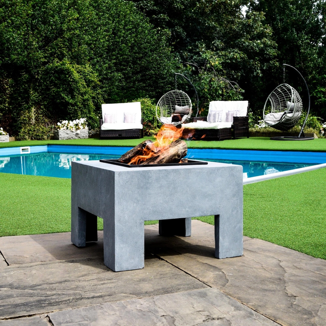 Cement Colour Outdoor Steel Firebowl &amp; Square Fibreclay Console