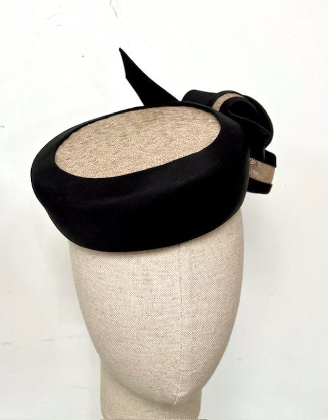 Black silk sibeline pillbox with insert panel of biscuit micro sequin