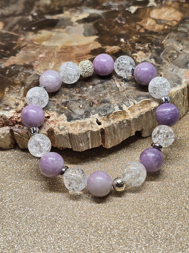 Bracelet Lépidolite et Cristal de roche en 1cm