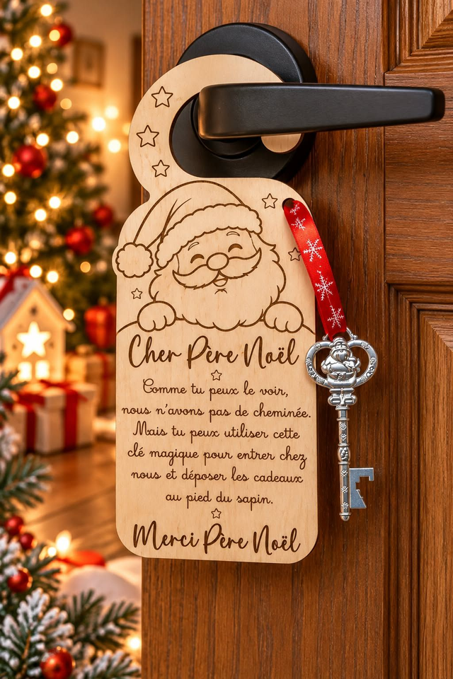 Accroche-porte Père Noël en bois avec sa clé magique 