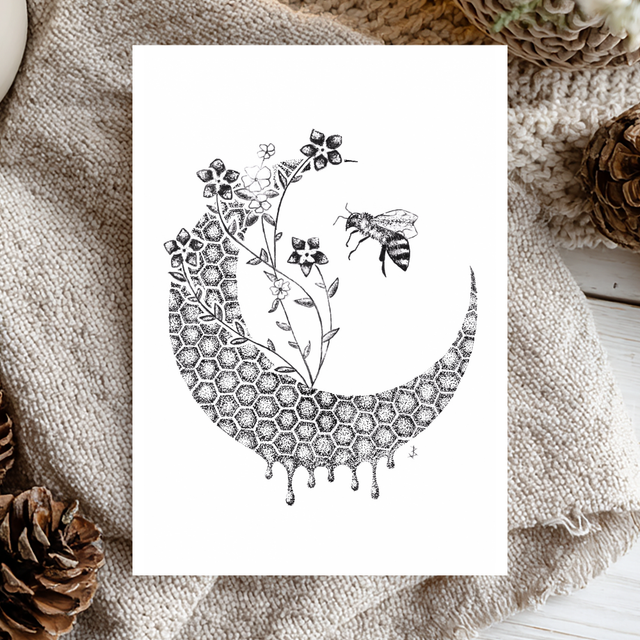 "Honeymoon" Honeycomb Bee Moon Pointillism Art Print (5"x7")