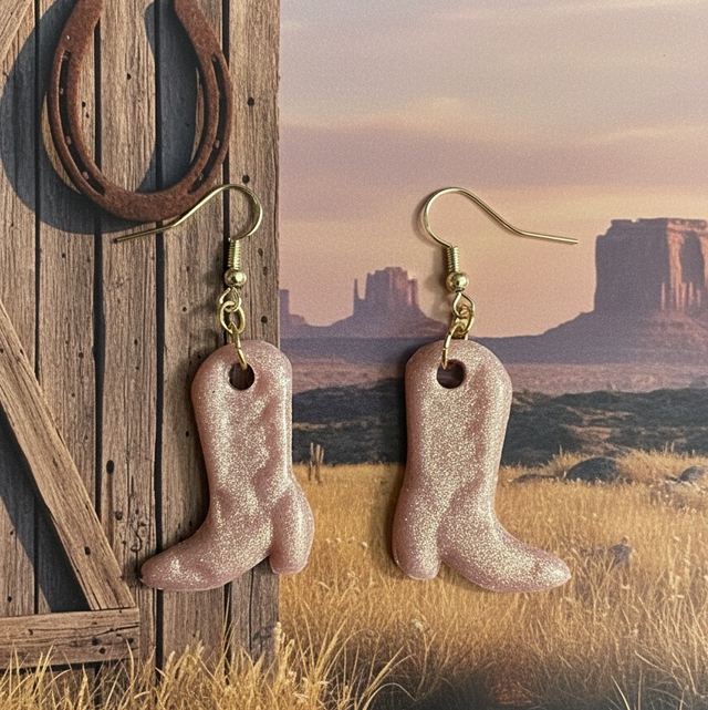 Rose Gold Medium Polymer Clay Cowboy Boot Earrings