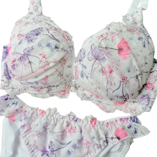 Purple + white embroidered Japanese Bra + Underwear Set UK 32DD
