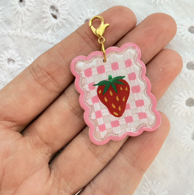 Pink Gingham Strawberry Charm