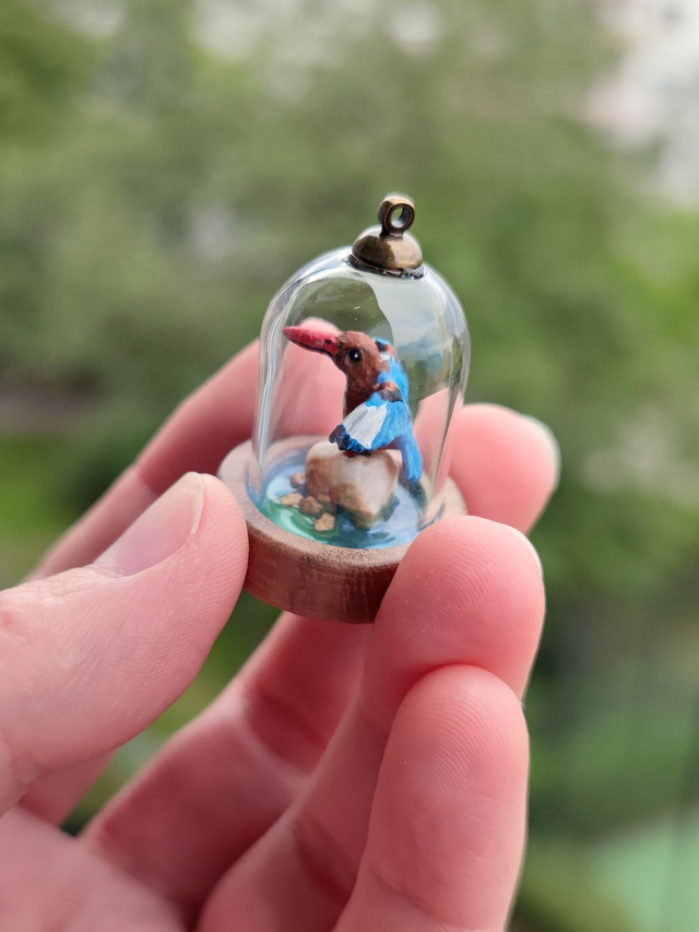 White throated kingfisher - one of a kind miniature diorama jewelry