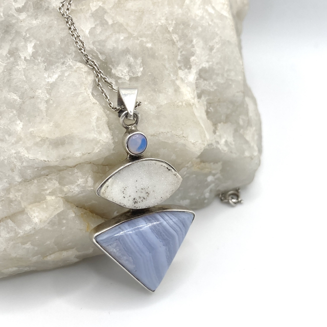 Blue Lace Agate, White Quartz Geode Druzy and Small Moonstone Silver Pendant on 18" Sterling Chain