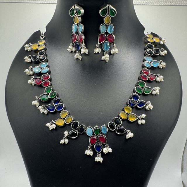 Oxidised multi colour stones necklace 