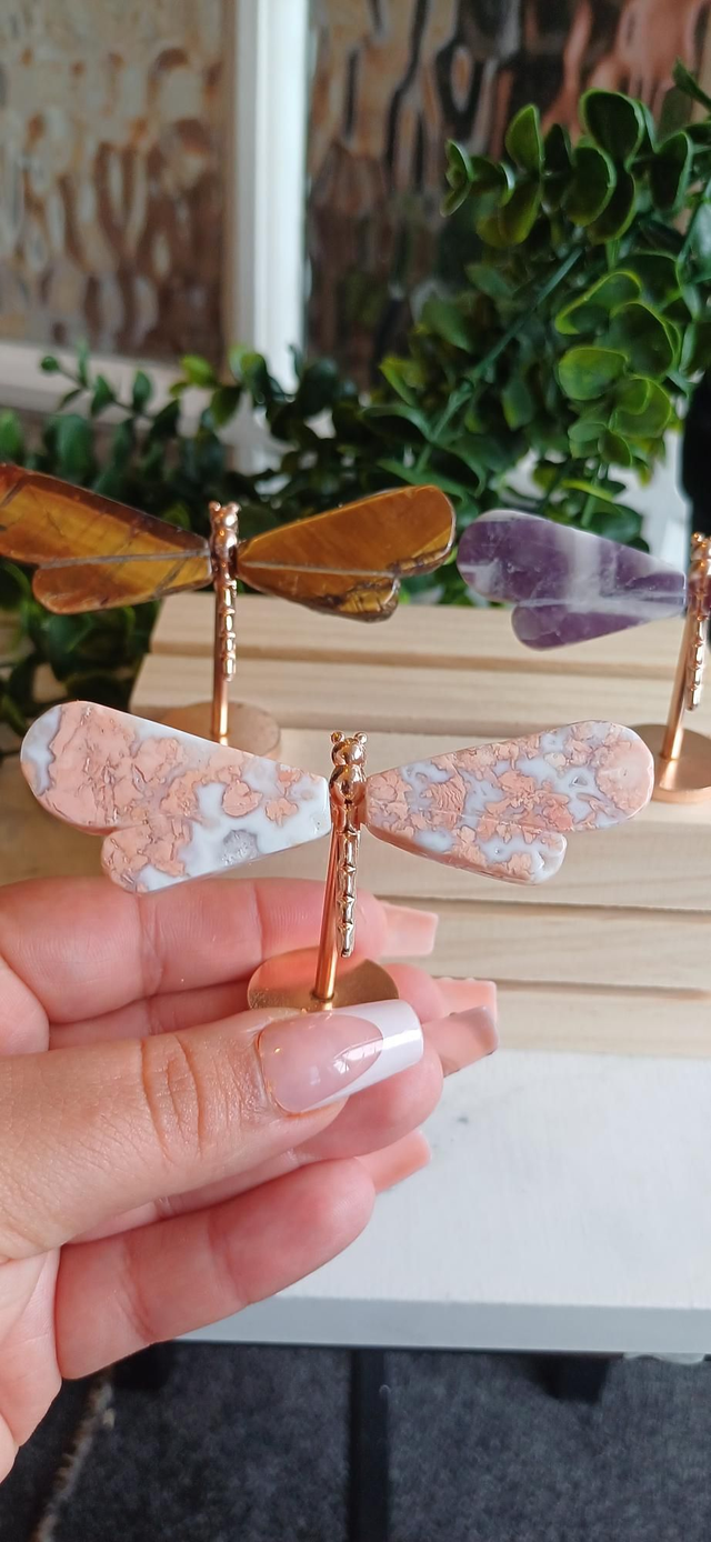 Dragonfly Wings on Gold Stand. Amethyst, Pink Agate and Tiger's Eye
