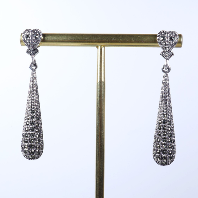 Elegant Pair of Sterling Silver 925 Art Deco Style Marcasite Gemstone Long Heart Teardrop Design Drop Dangle Earrings.