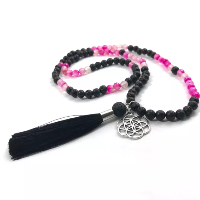 Mala 108 kralen | zwart roze | lavasteen en agaat | 6mm | Seed of Life