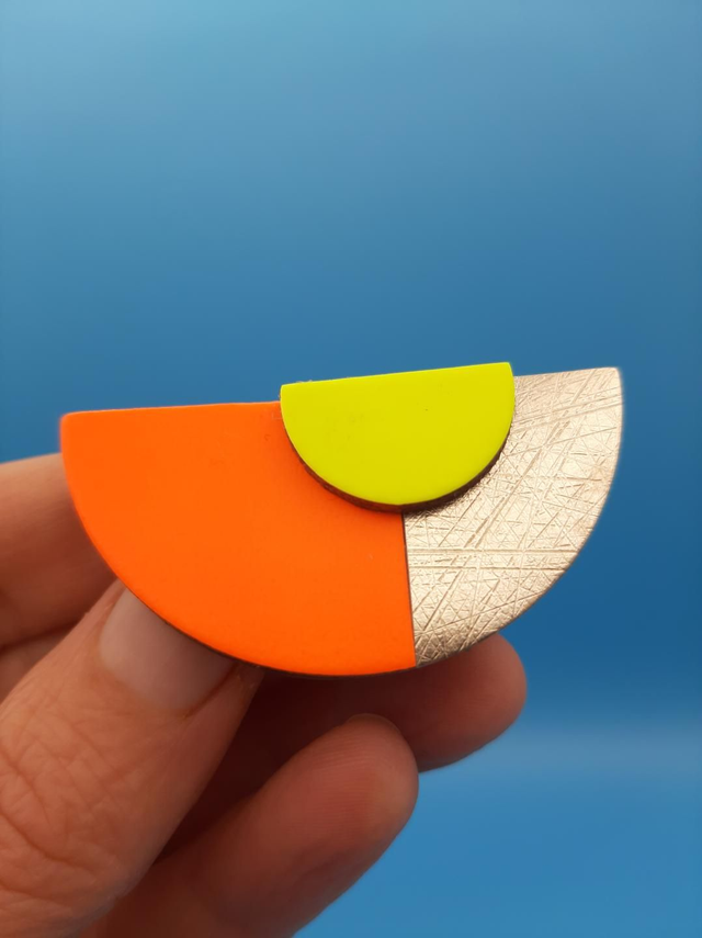 Leather brooch - orange / yellow / gold