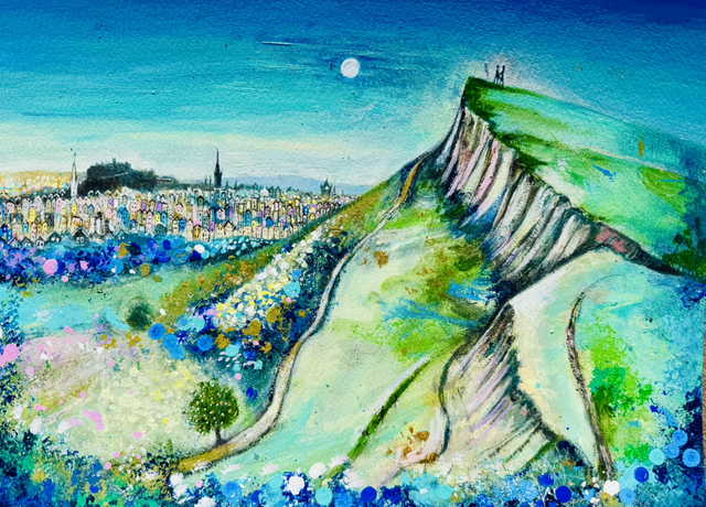 Original Painting- Cityscape- Edinburgh- Salisbury Craggs- To Steal a Kiss at Midnight