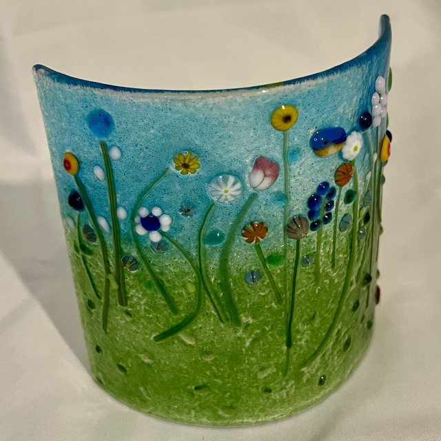 Wildflower Meadow &amp; Bluebird Fused Glass Curve