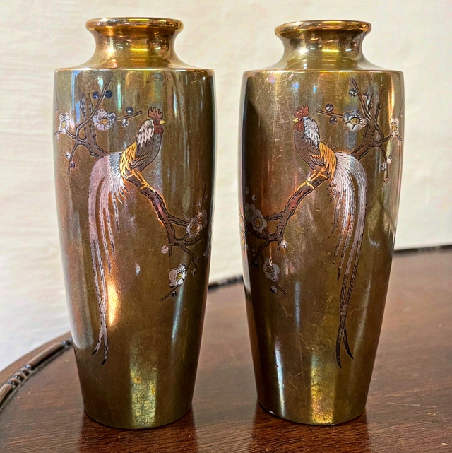 A Pair Of 19th Century Inlaid Tapering Bronze Vases