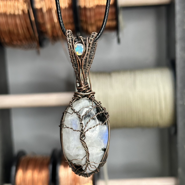 “Tree of life” Rainbow moonstone pure copper wrapped pendant 