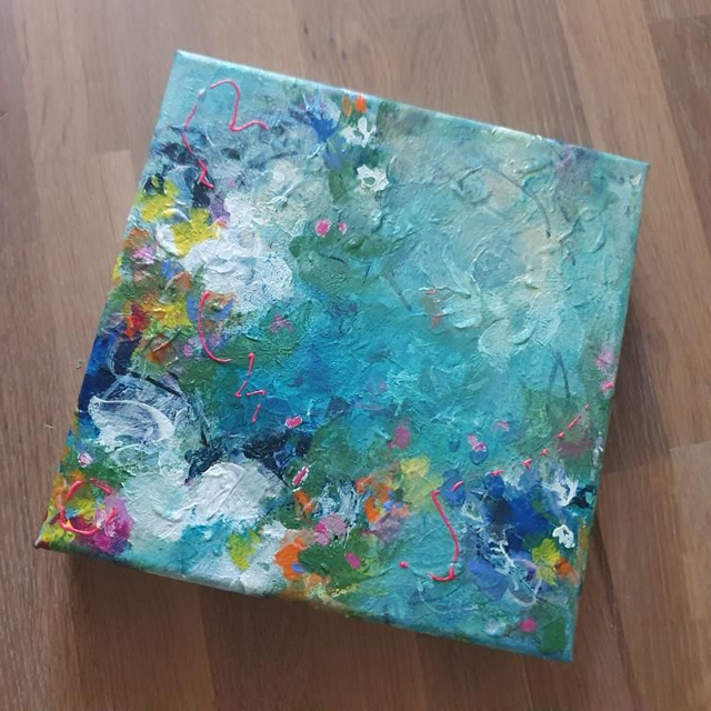 Origineel schilderij ‘Blushing Blue junior’ - 20x20x4cm