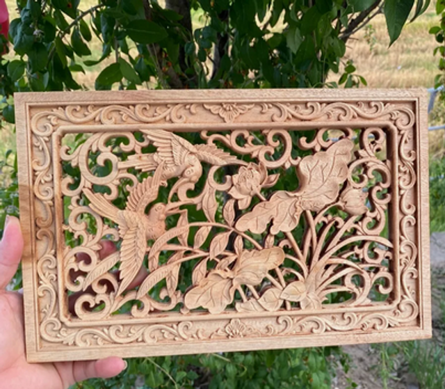 Camphor wood carved rectangular lotus decorative craft【长方形荷花香樟木雕】