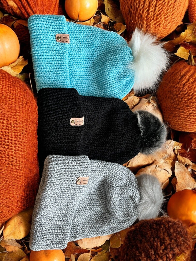 Knitted Hat With Fluffy Pom Pom