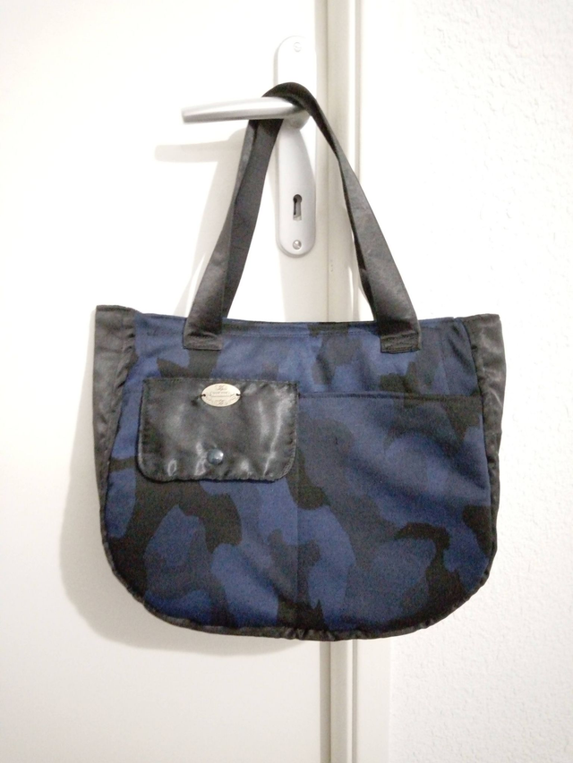 sac épaule fourre tout en tissu bleu - noir treillis  à fermeture éclaire avec 2 poches arrière		