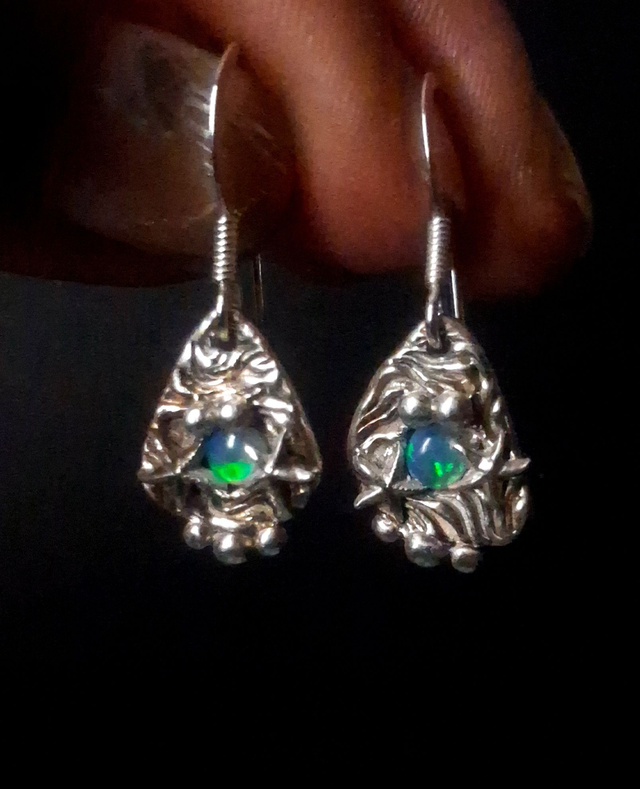 Organic silver earrings with irridescent opals