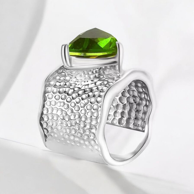 Stunning Chartreuse Quartz Solitaire Ring in Platinum Overlay.