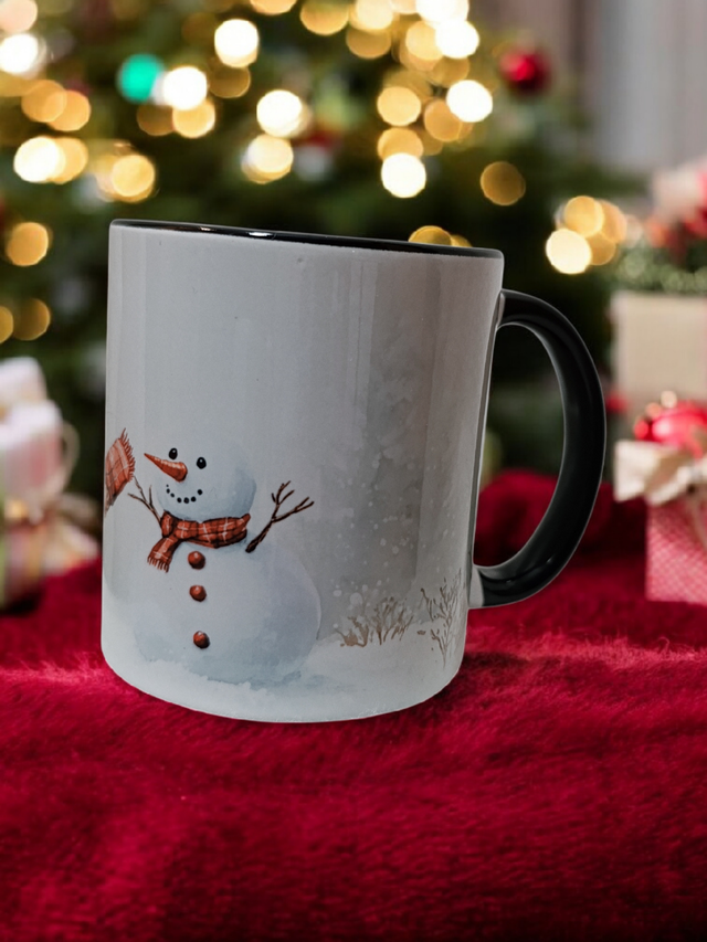 Tasse en Céramique Lapin & Bonhomme de Neige – Illustration Hivernale Douce et Magique