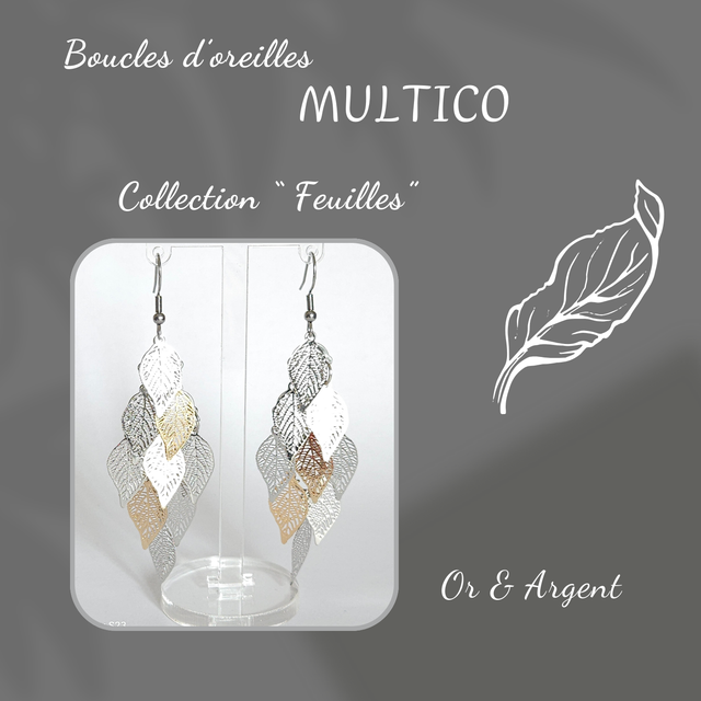 Boucles d&#039;oreilles MULTICO - Collection Feuilles - Or et Argent