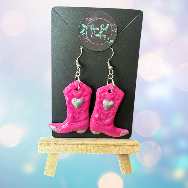 Pink/Silver Glitter Polymer Clay Cowboy Boot Earrings