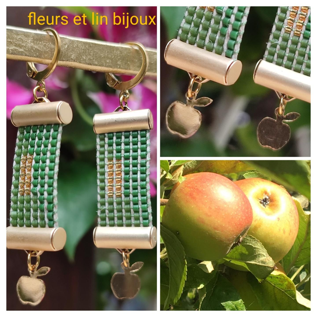 Boucles d&#039;oreilles tissées main sur fil de lin vert &amp;or, pomme en acier inoxydable doré ainsi que les fermoirs&quot; dormeuses&quot; 