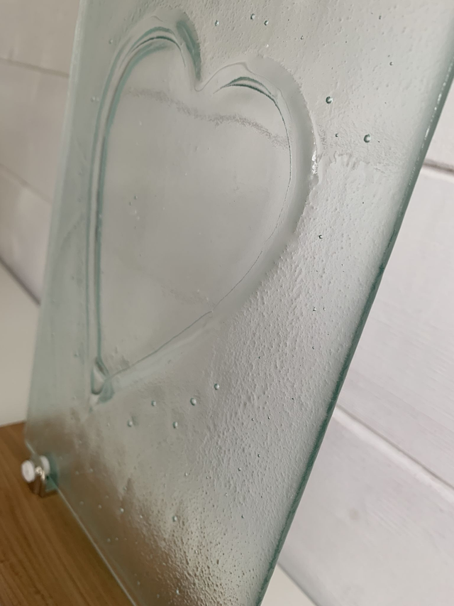 Clear Fused Glass Heart on Wooden Stand
