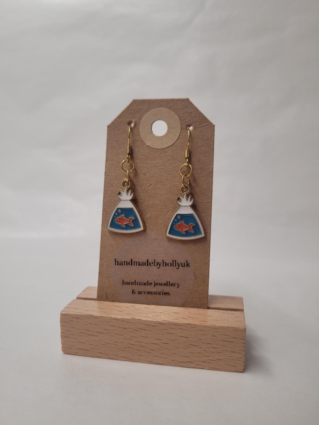 Goldfish In A Bag Enamel Charm Drop Earrings - Gold Plated - HBH-020