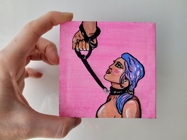 Original Mini Canvas Painting – Obey Me - Pink Collar & Lead Brat Girl