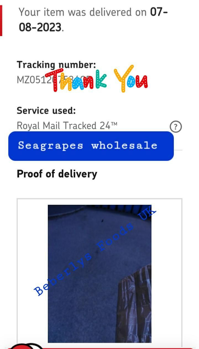 SEAGRAPES WHOLESALE: Proof of Delivery ( Aryan Christine England July 2023)