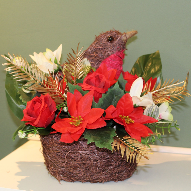 Festive Robin Basket – Artificial Christmas Flowers