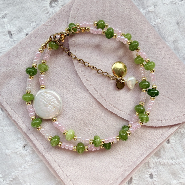 Penelope - Pink, Green &amp; Pearl Beaded Necklace