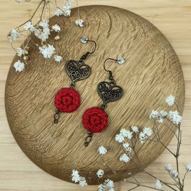 Parure rouge et bronze 2 - Boucles d'oreille Cœurs 