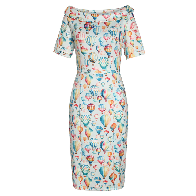 Valerie Off-the-Shoulder Vintage Dress in Hot Air Balloon Festival Print