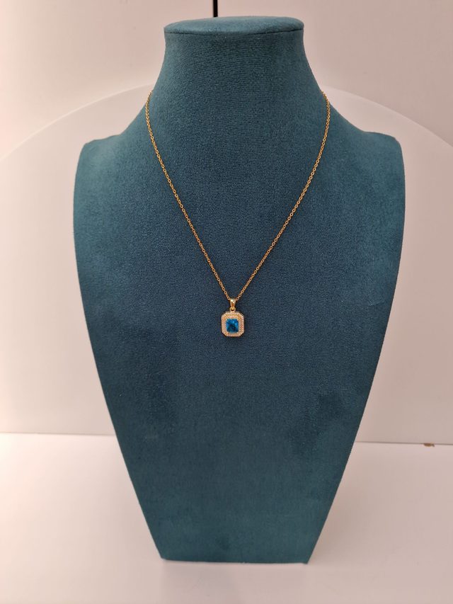 Collier Acier Inoxydable Doré Pendentif Cristal Bleu