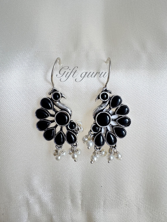 Oxidised Peacock Earrings with Black Stones